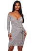Sexy Gray V Neck Long Sleeve Tie Waist Knit Dress